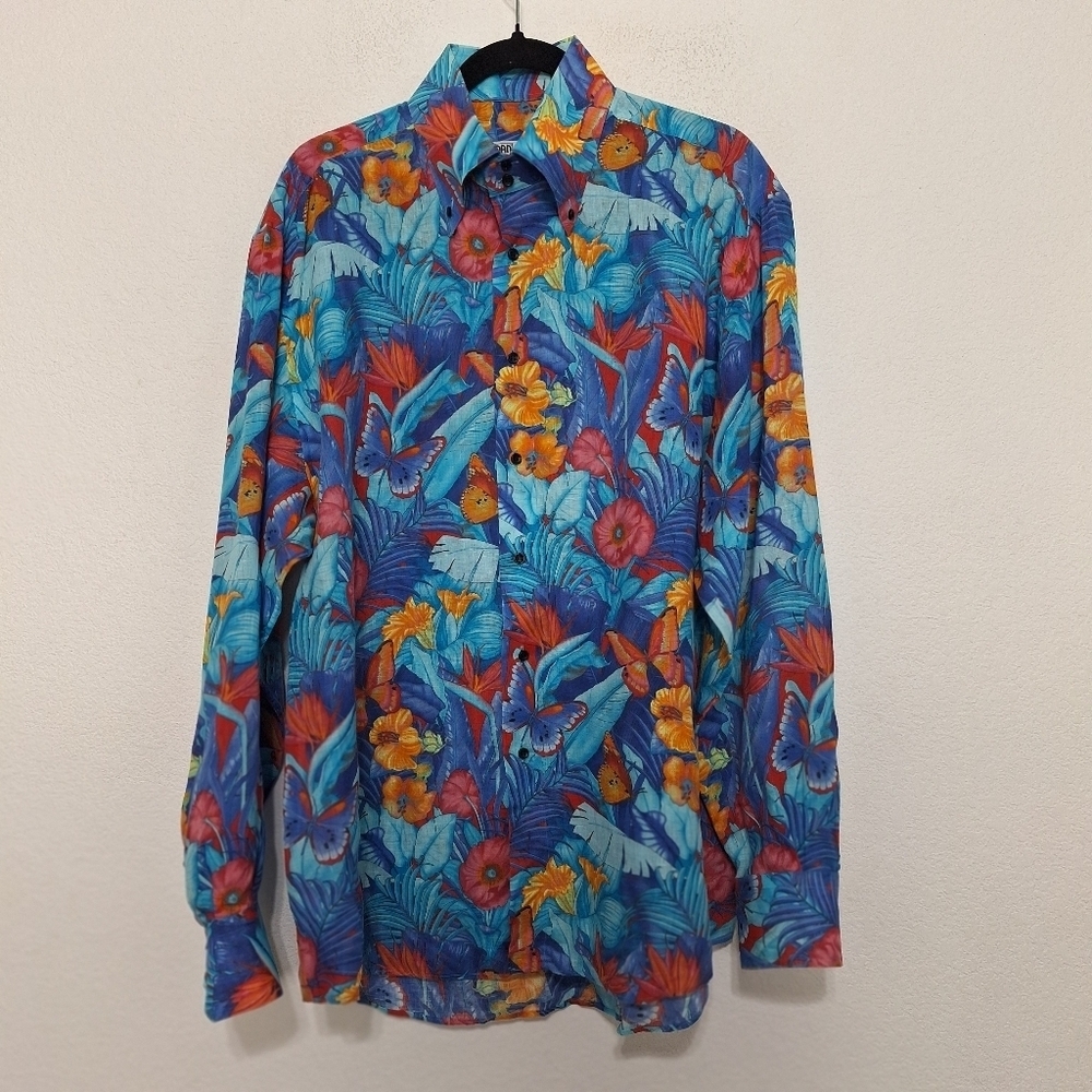 Dan Roma Linen Butterfly Floral Tropical Custom Made Button Down Shirt Size XXL